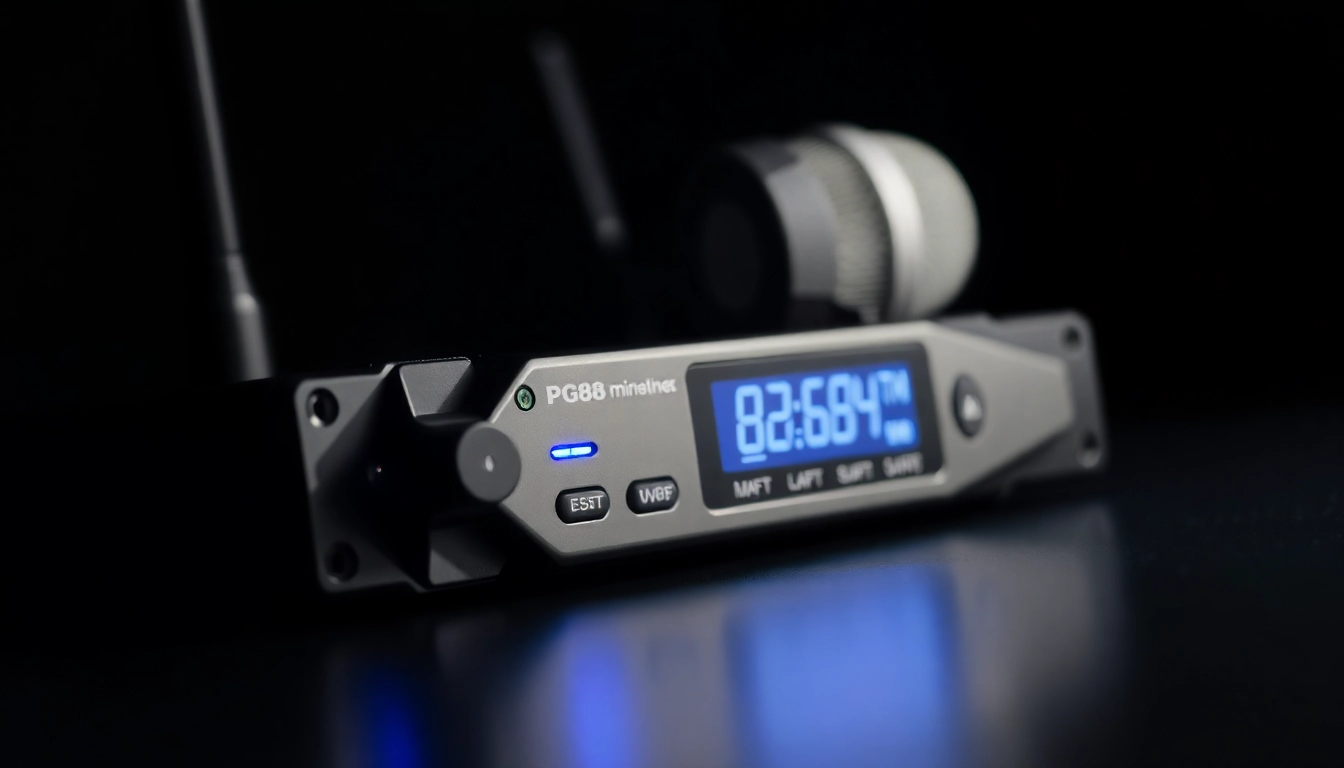 PG88 wireless microphone receiver with LED indicators in a studio setup, highlighting device features and modern design for audio professionals.