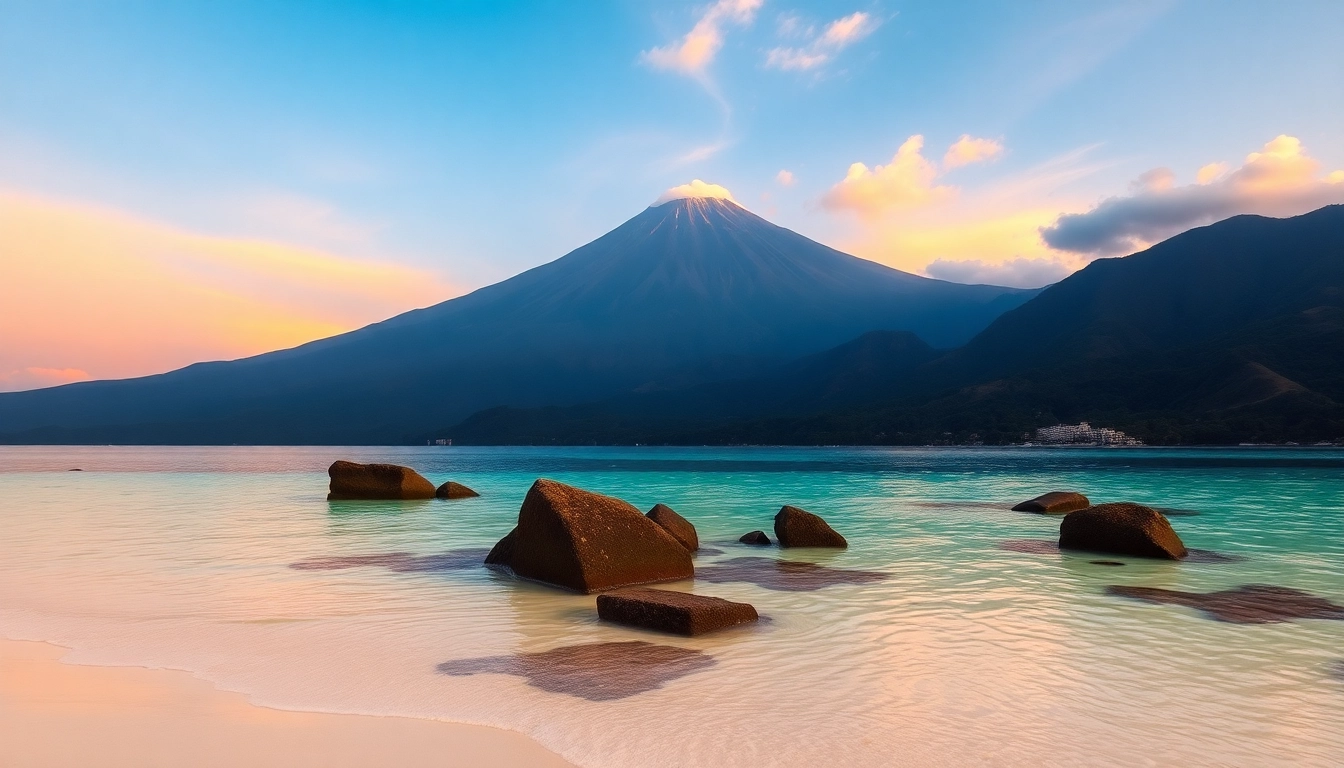 Lombok's breathtaking sunset over Mount Rinjani with pristine beaches and turquoise waters, perfect for travel inspiration.