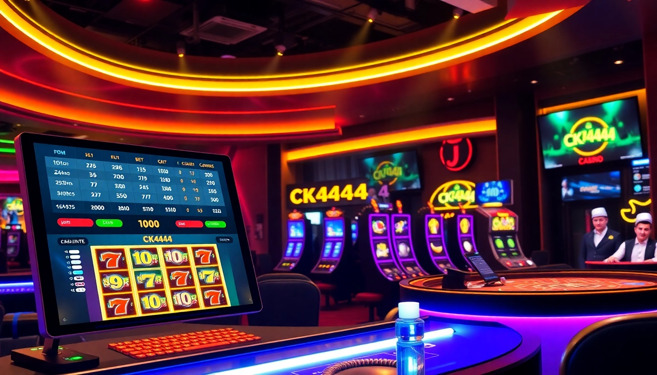 Engage with ck4444 bet options on a sleek digital interface featuring slots, live dealer, and sports betting visuals, emphasizing excitement and security.