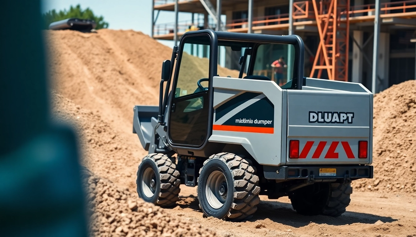 Dumper rental: Efficient mini dumper maneuvering soil during construction work, showcasing ease and power.
