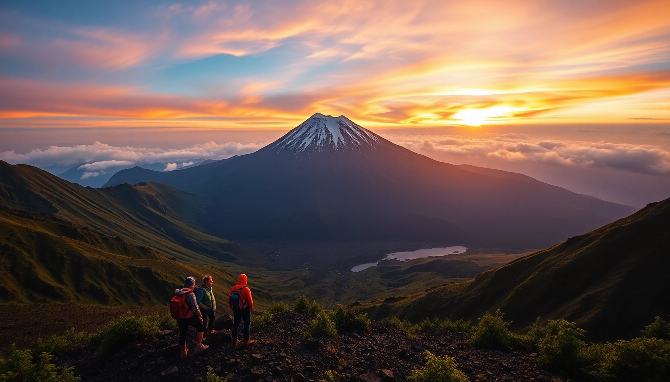 Hikers overlooking Mount Rinjani's crater rim at sunrise, with lush green slopes and vibrant sky.