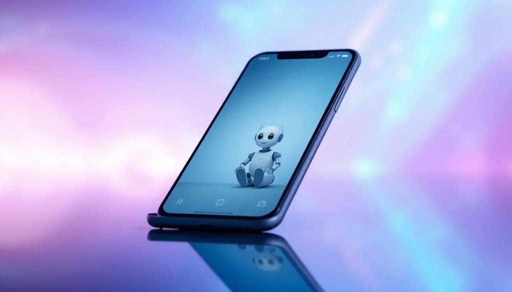 Smartphone displaying an AI chatbot interface with a friendly AI character in a glowing, futuristic environment.