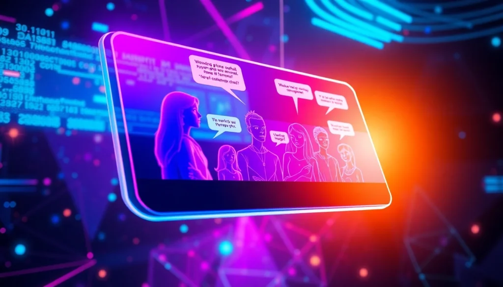 Futuristic virtual chat interface with glowing AI characters and neon accents