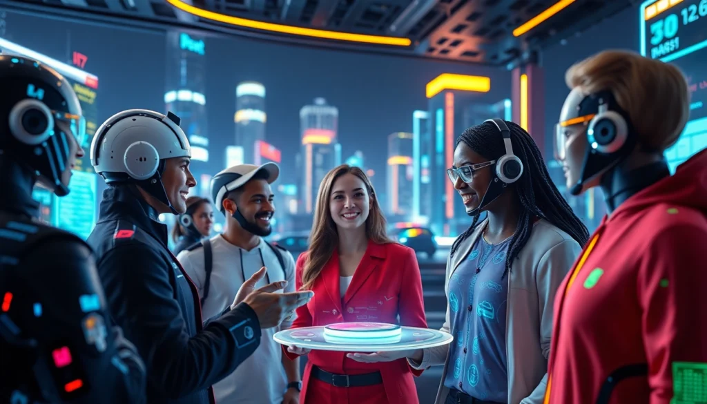 Illustration of diverse AI characters interacting in a futuristic virtual environment with holographic interfaces and neon cityscape.