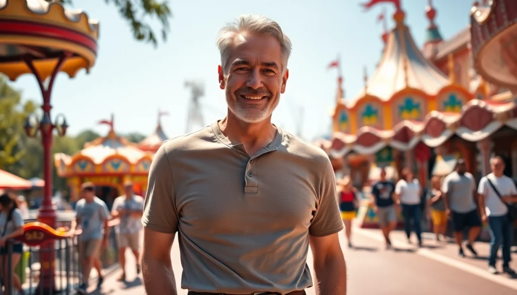 Attractive older man with a confident smile at a theme park, representing a DILF in a vibrant setting.