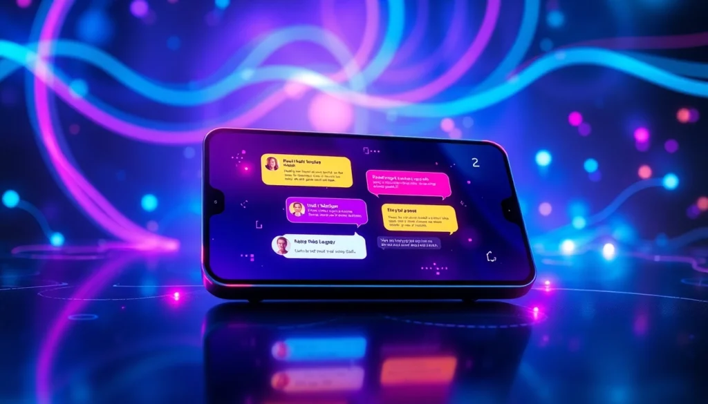 Futuristic digital chat interface with neon lights and holographic effects on a sleek device screen.