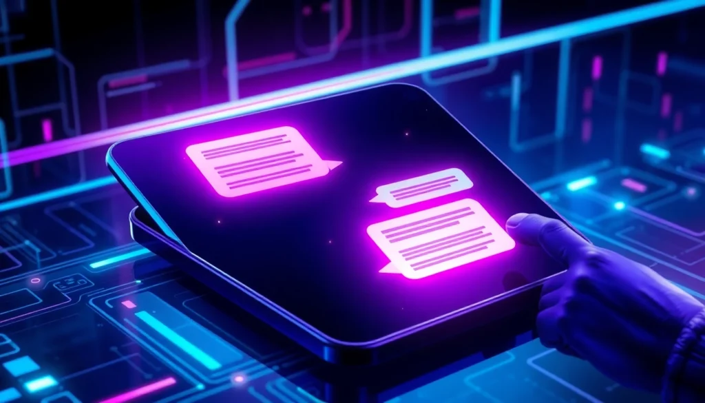 A futuristic AI chat interface with neon colors on a digital device screen.