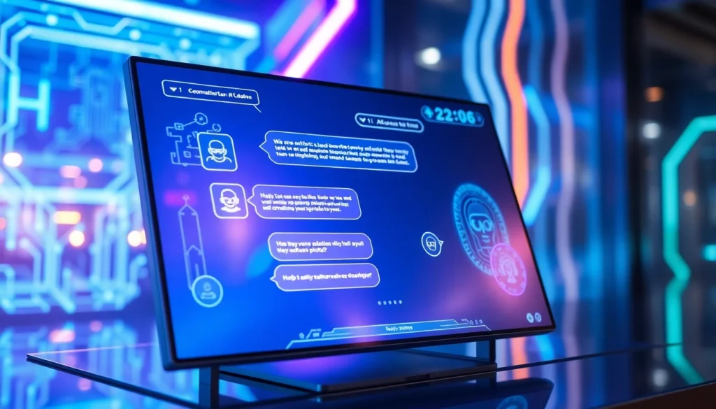 Futuristic AI chatbot interface with holographic conversation bubbles and digital environment