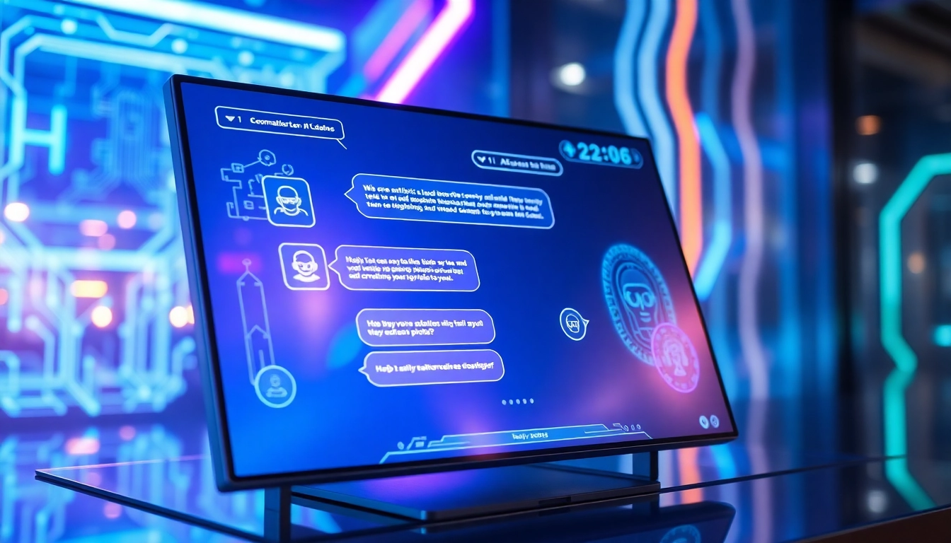 Futuristic AI chatbot interface with holographic conversation bubbles and digital environment