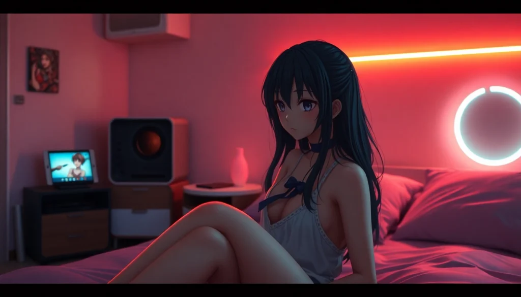 Descriptive image of an nsfw image generator creating hyper-realistic anime visuals with soft neon lighting, highlighting customization features.