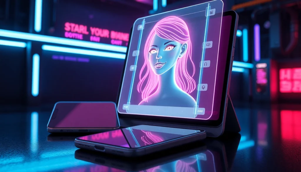Futuristic AI chatbot interface with a holographic female character on a smartphone and desktop screen in a cyberpunk setting.