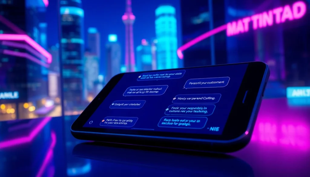 Futuristic chat interface on a device with neon cityscape background, glowing screens, and conversation bubbles.