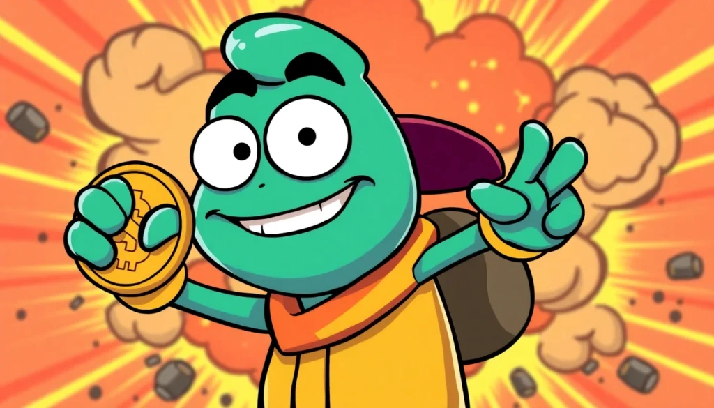 Pepe Coin Meme depicted as a lively cartoon frog holding a shiny coin with explosive effects