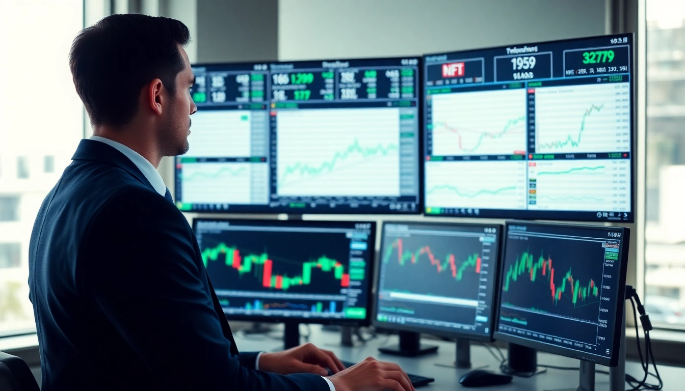 Stock and shares news analysis with financial charts and market data in a modern office environment