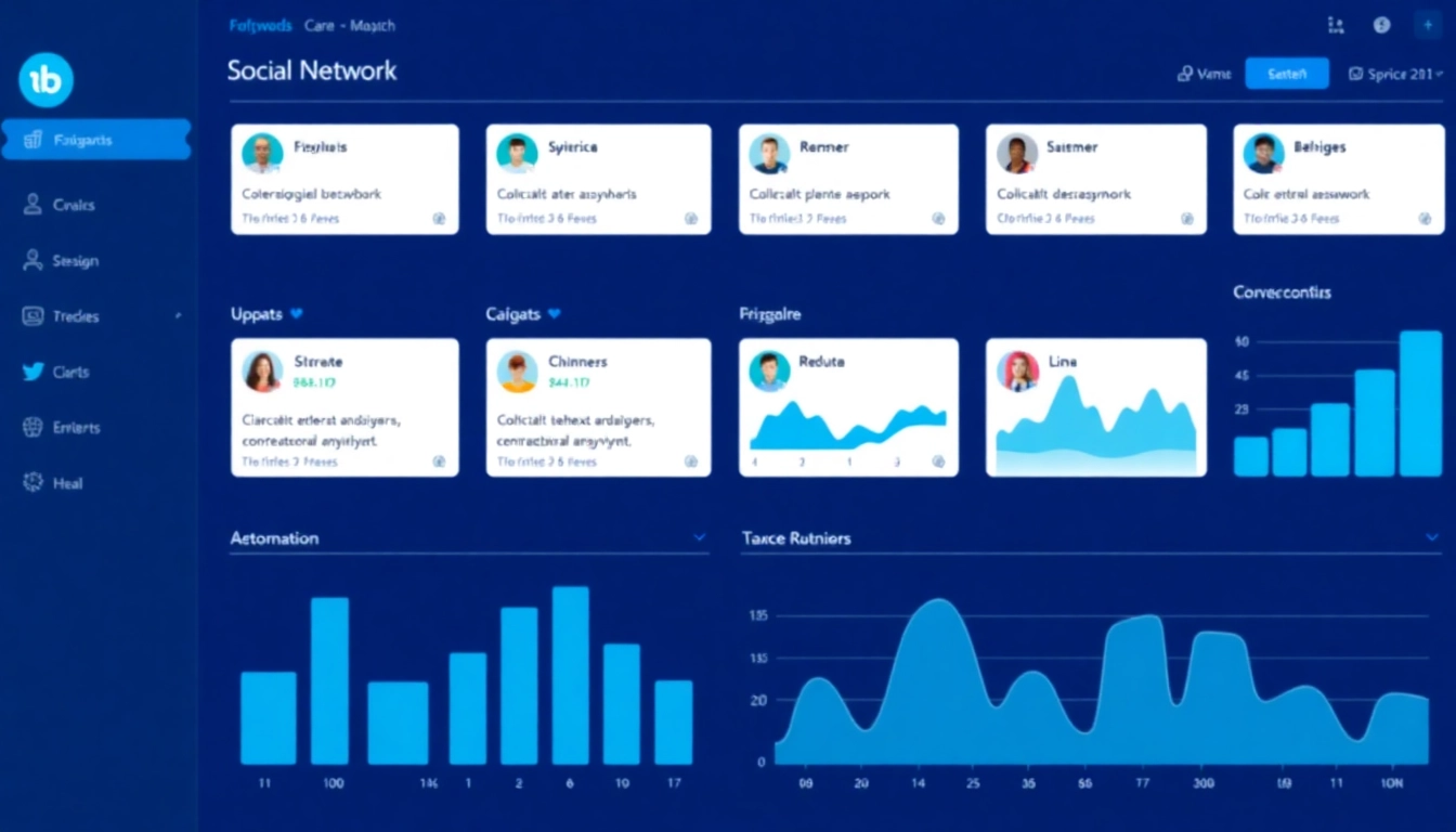Visual of social network updates dashboard with icons and charts illustrating engagement growth