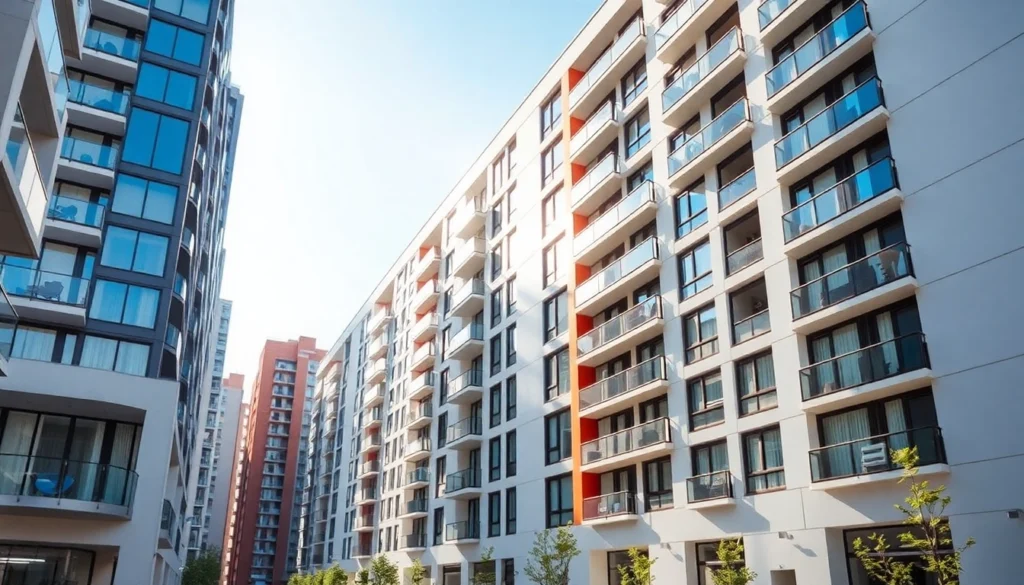 Rental Property Investment strategies with modern urban apartment buildings and investor silhouettes