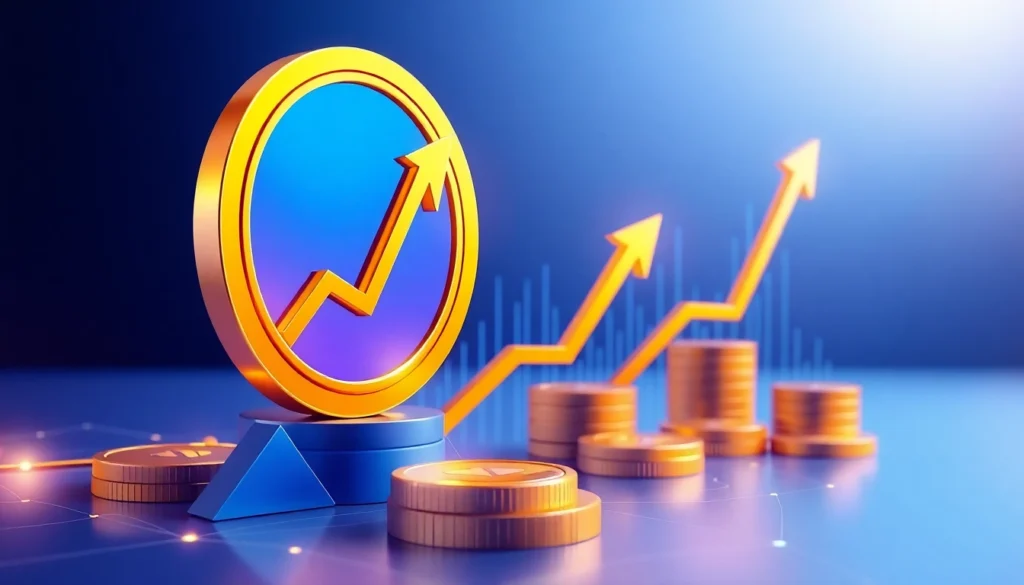 Cryptocurrency Investment Guide infographic showing digital coins, graphs, and rising trend